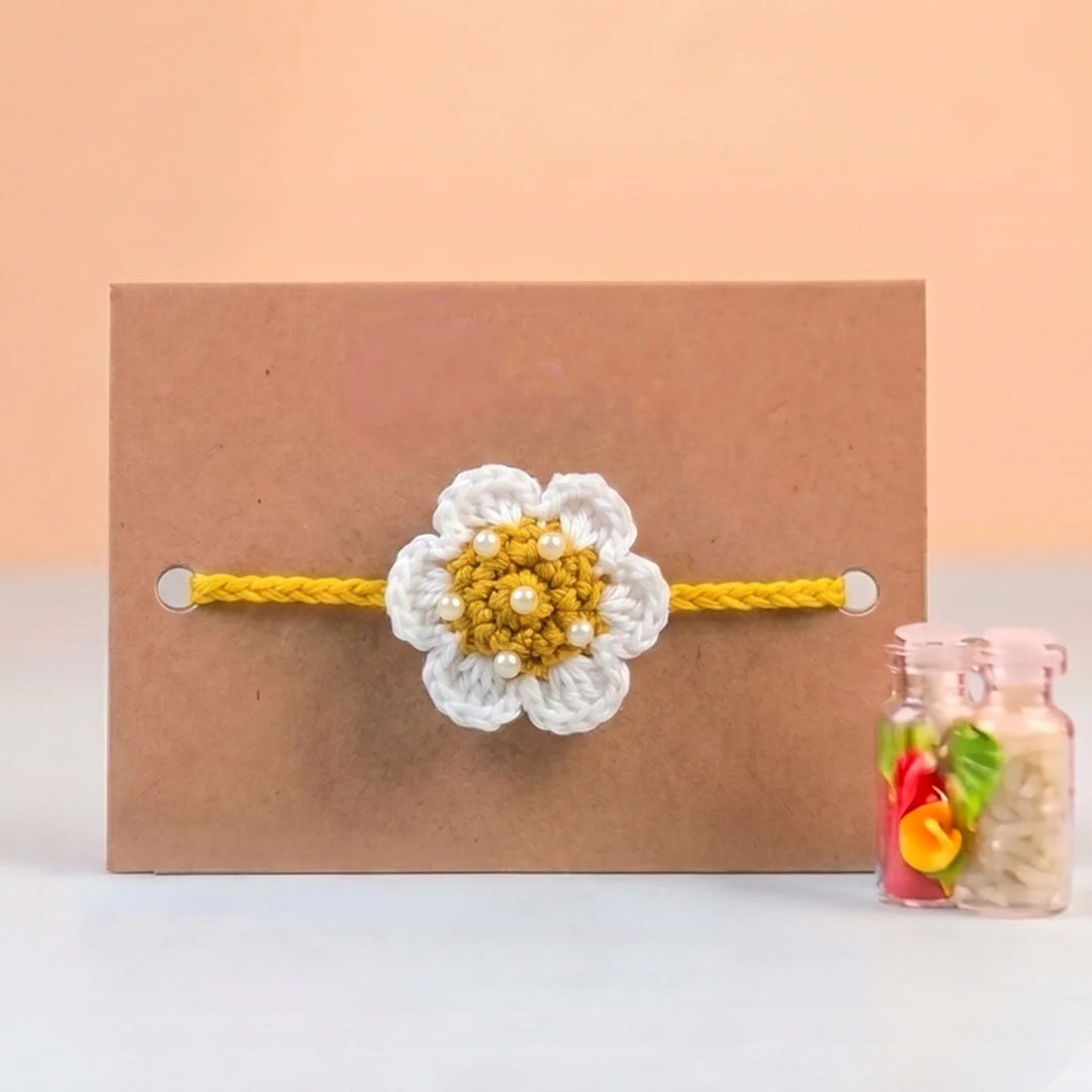 Handmade Crochet Floral Theme Rakhi With Roli Chawal for Bhaiya