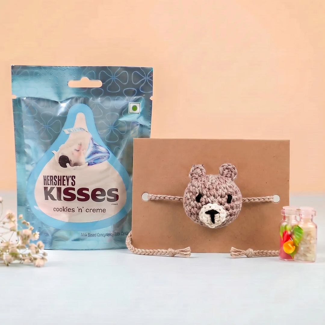 Handmade Crochet Teddy Bear Rakhi With Roli Chawal for Kids