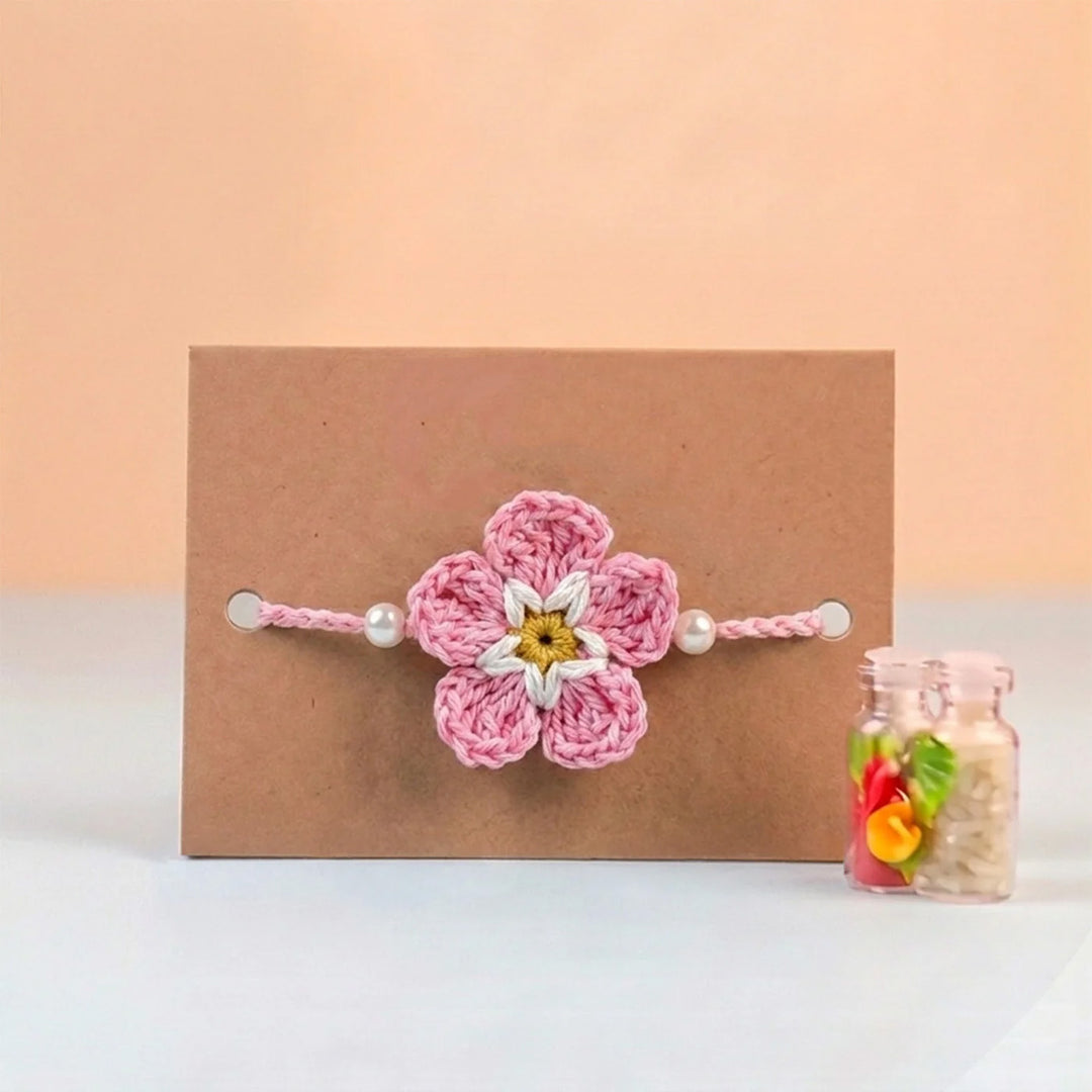 Handmade Crochet Cherry Blossom Rakhi With Roli Chawal for Bhaiya