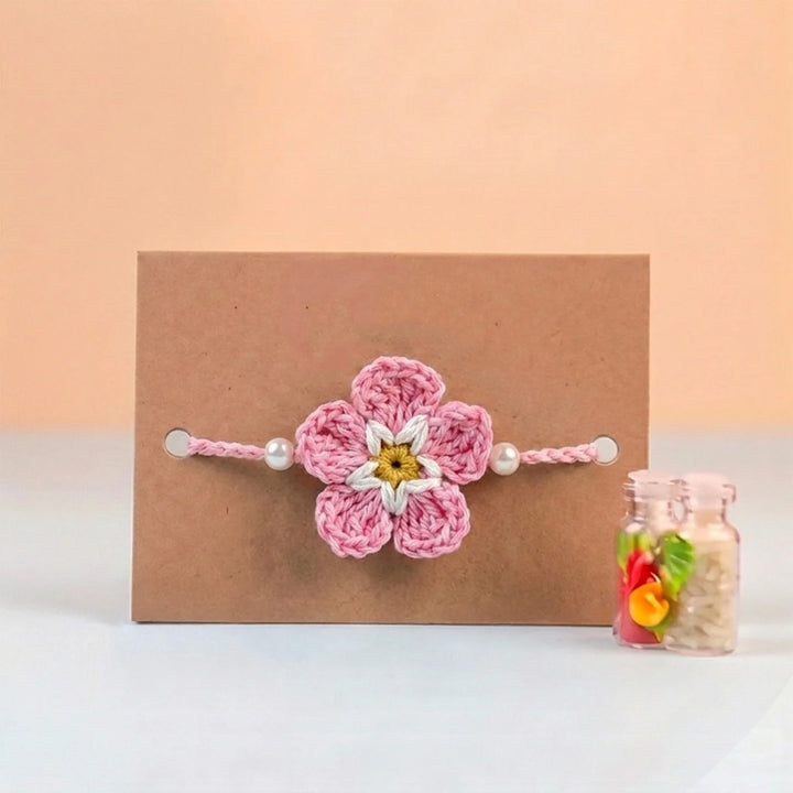 Handmade Crochet Cherry Blossom Rakhi With Roli Chawal for Bhaiya