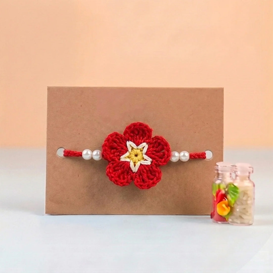 Handmade Crochet Cherry Blossom Rakhi With Roli Chawal for Bhaiya