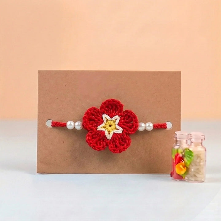 Handmade Crochet Cherry Blossom Rakhi With Roli Chawal for Bhaiya