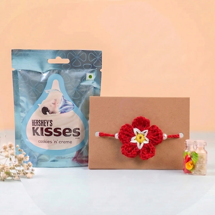 Handmade Crochet Cherry Blossom Rakhi With Roli Chawal for Bhaiya