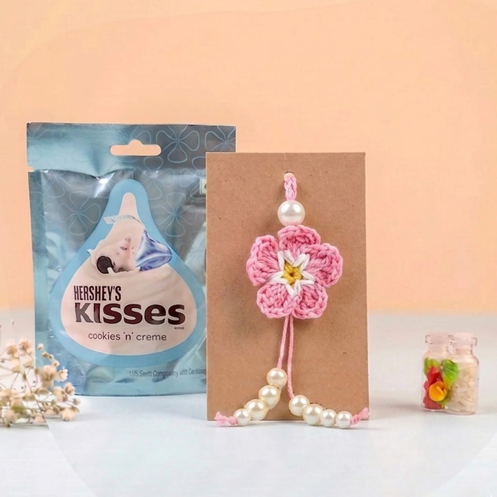 Handmade Crochet Cherry Blossom Lumba Rakhi For Bhabhi With Roli Chawal