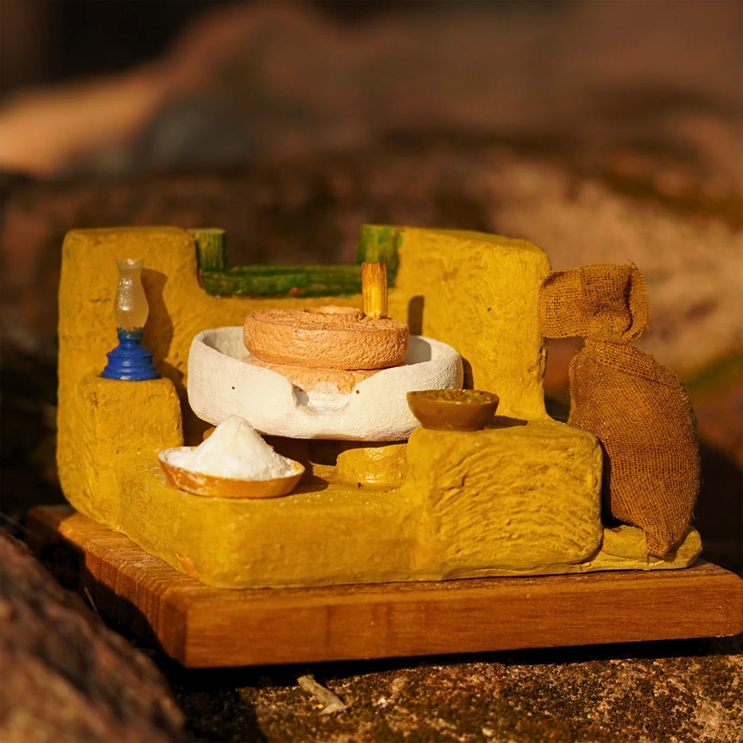 "Aate Ki Chakki" Handcrafted Polymer Clay Miniature Artwork With Wooden Base For Golu & Table Decor