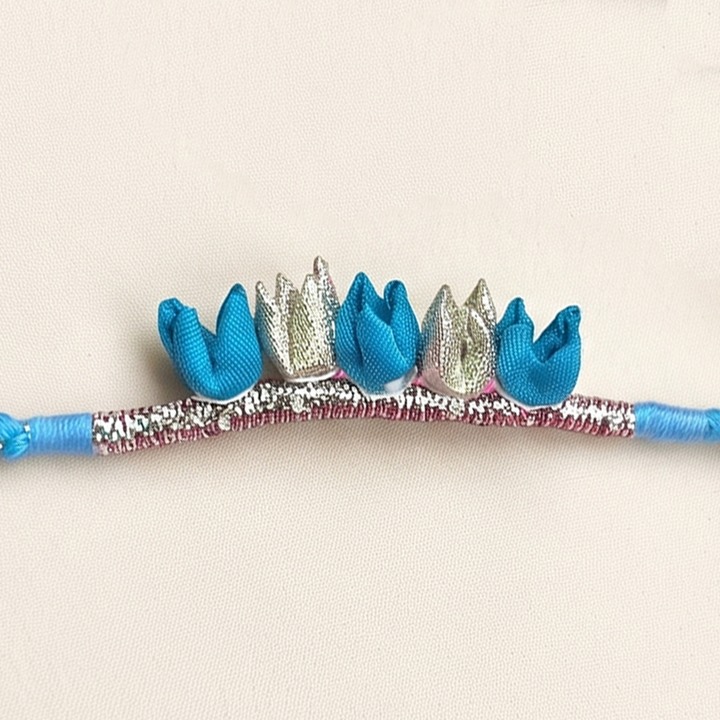 Handmade Tulip Bud & Silver Zari Silk Fabric Rakhi For Brother With Roli Chawal