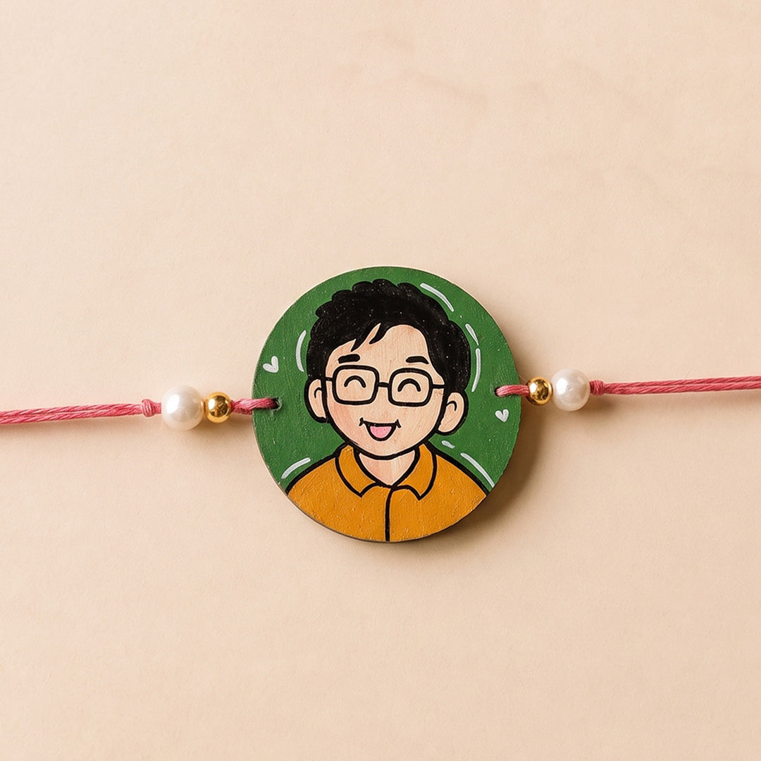Photo Personalized Handpainted Reusable Caricature Mdf Wood Rakhi With Roli Chawal For Younger Brother