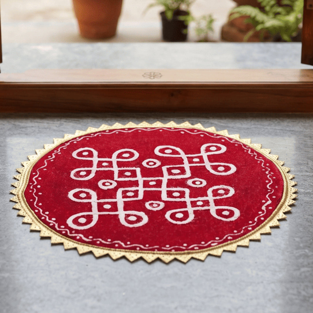 Kolam Round 7 Inch Reusable Hand-Painted Fabric Rangoli Mat for Festive Decor