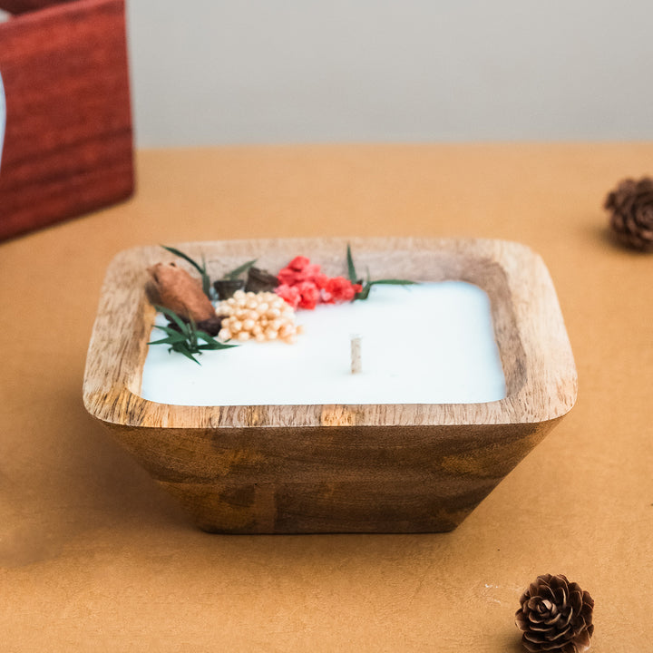 Handmade Floral Winter Spice Wax Candle With Wooden Base