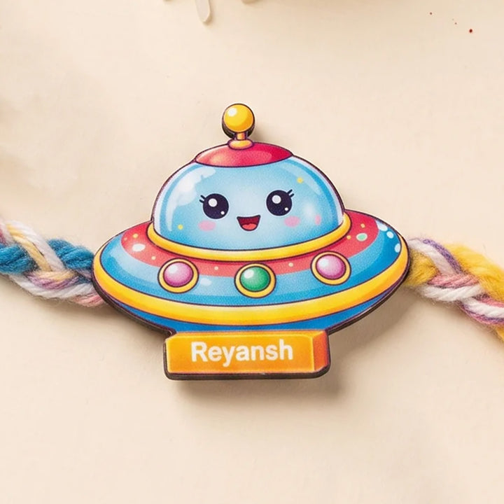 Personalized Reusable Disc Spaceship MDF Wood Rakhi With Roli Chawal