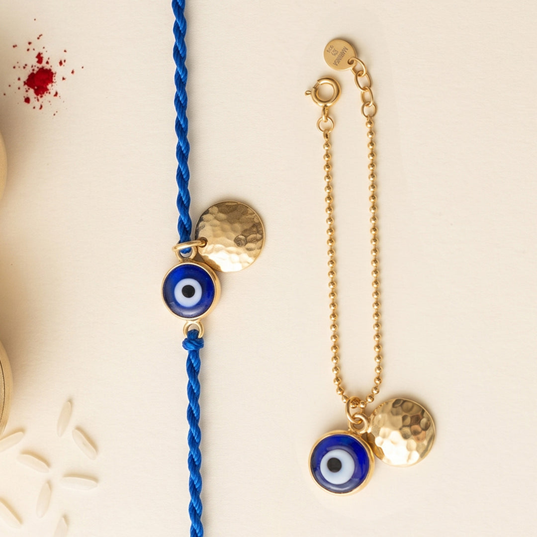 Evil Eye Gold Plated Sterling Silver Rakhi & Lumba Set With Roli Chawal For Bhaiya Bhabhi | Set of 2