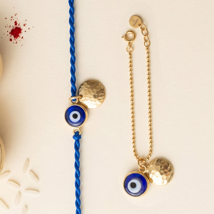 Evil Eye Gold Plated Sterling Silver Rakhi & Lumba Set With Roli Chawal For Bhaiya Bhabhi | Set of 2