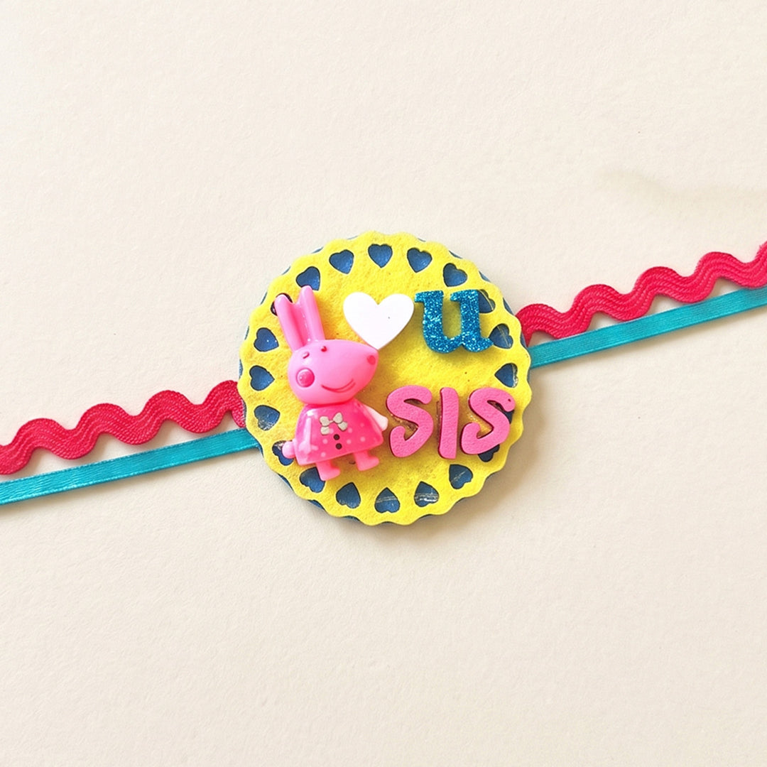 Handmade "Love U Sis" Peppa Pig Theme Felt Kids Rakhi With Roli Chawal For Sister