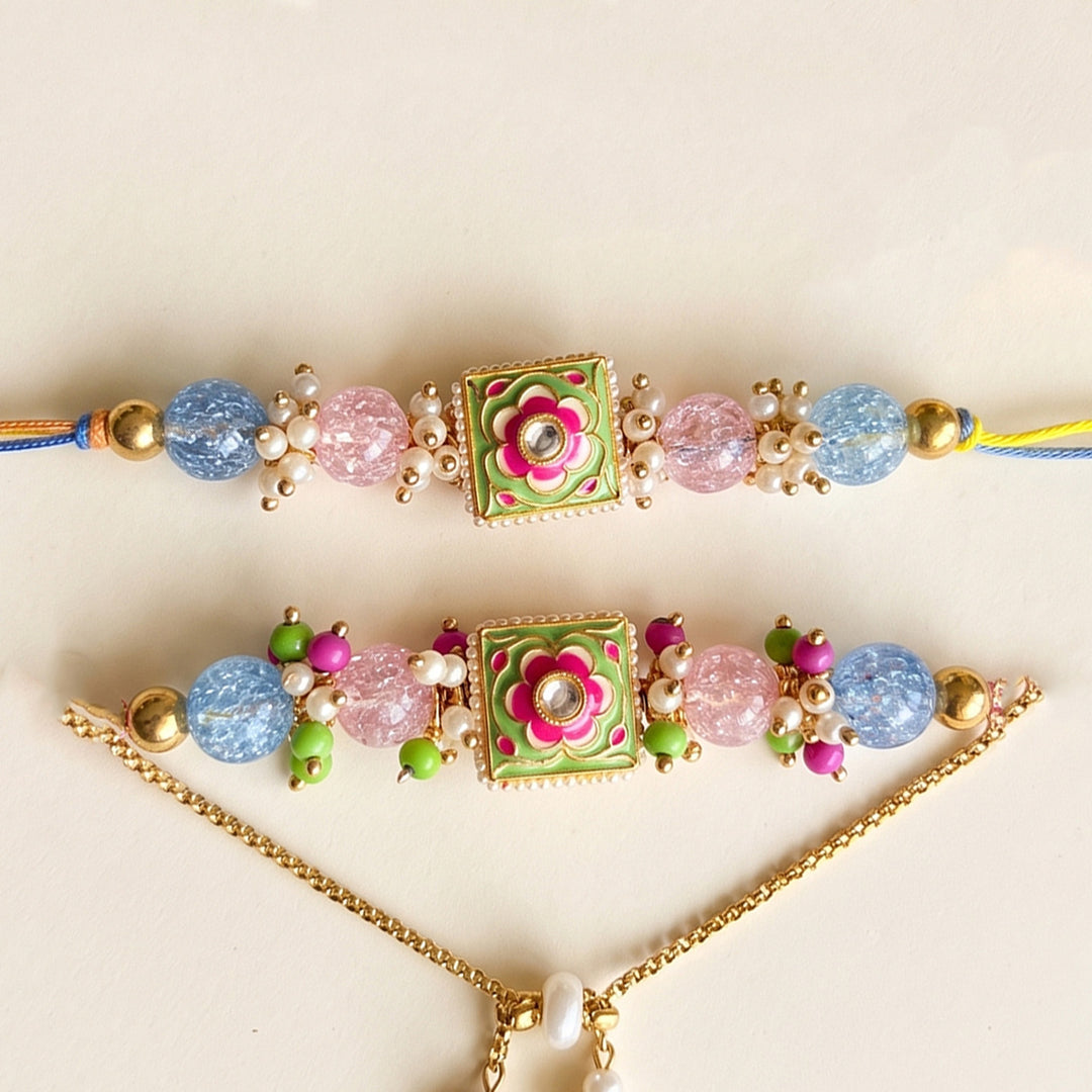 Hand-Knotted Beaded Couple Rakhi & Lumba Set For Bhaiya Bhabhi | Set of 2