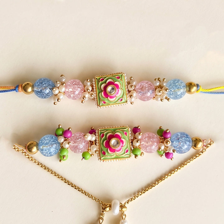Hand-Knotted Beaded Couple Rakhi & Lumba Set For Bhaiya Bhabhi | Set of 2