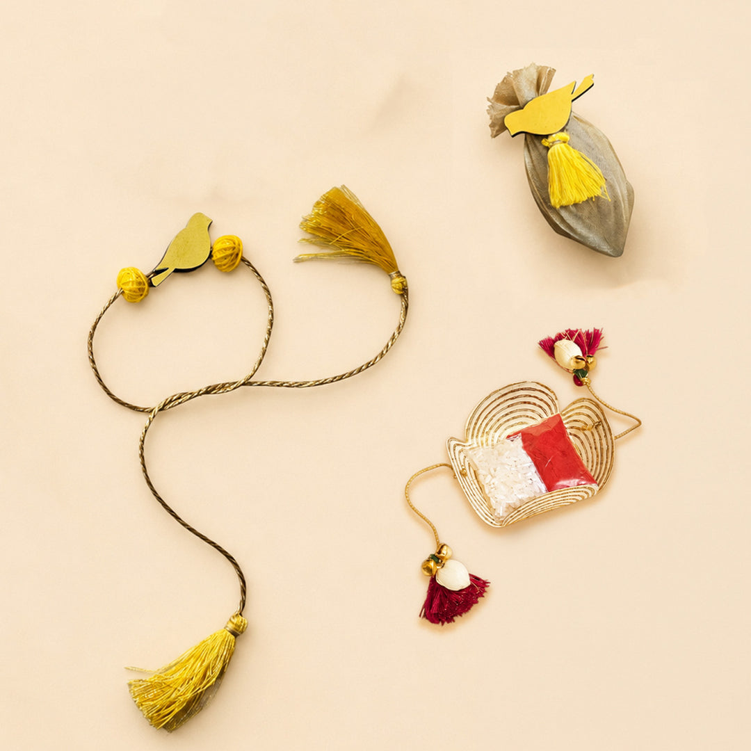 Handcrafted Bird Motif Beaded Tassel Rakhi - Yellow