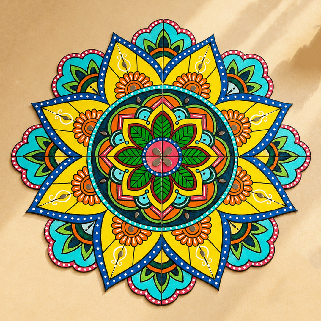 4 Pc | Hand-Painted Blue & Yellow Split Kolam Mdf Rangoli For Festive Decor