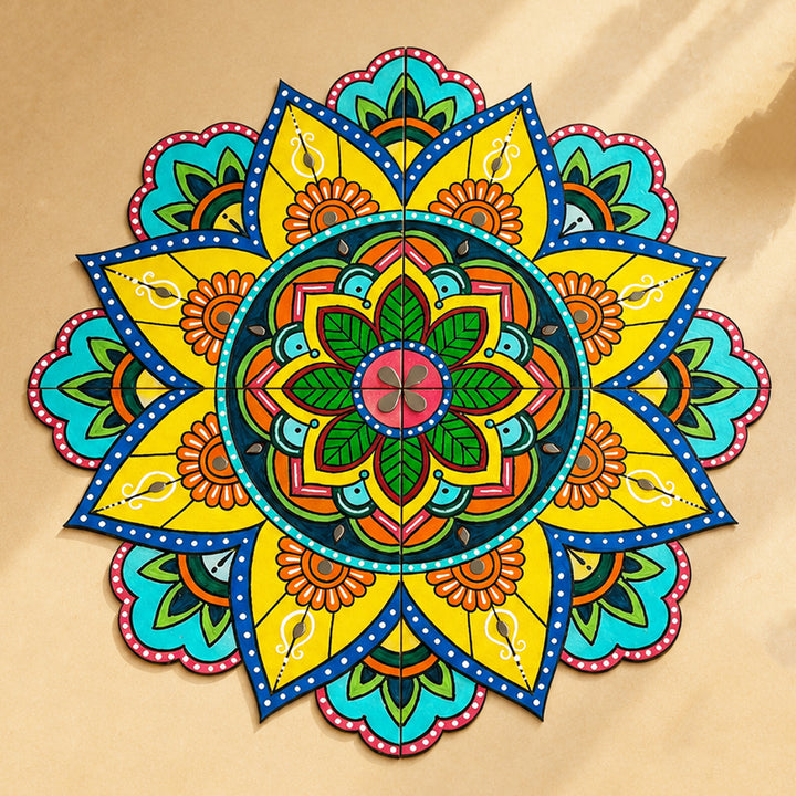 4 Pc | Hand-Painted Blue & Yellow Split Kolam Mdf Rangoli For Festive Decor