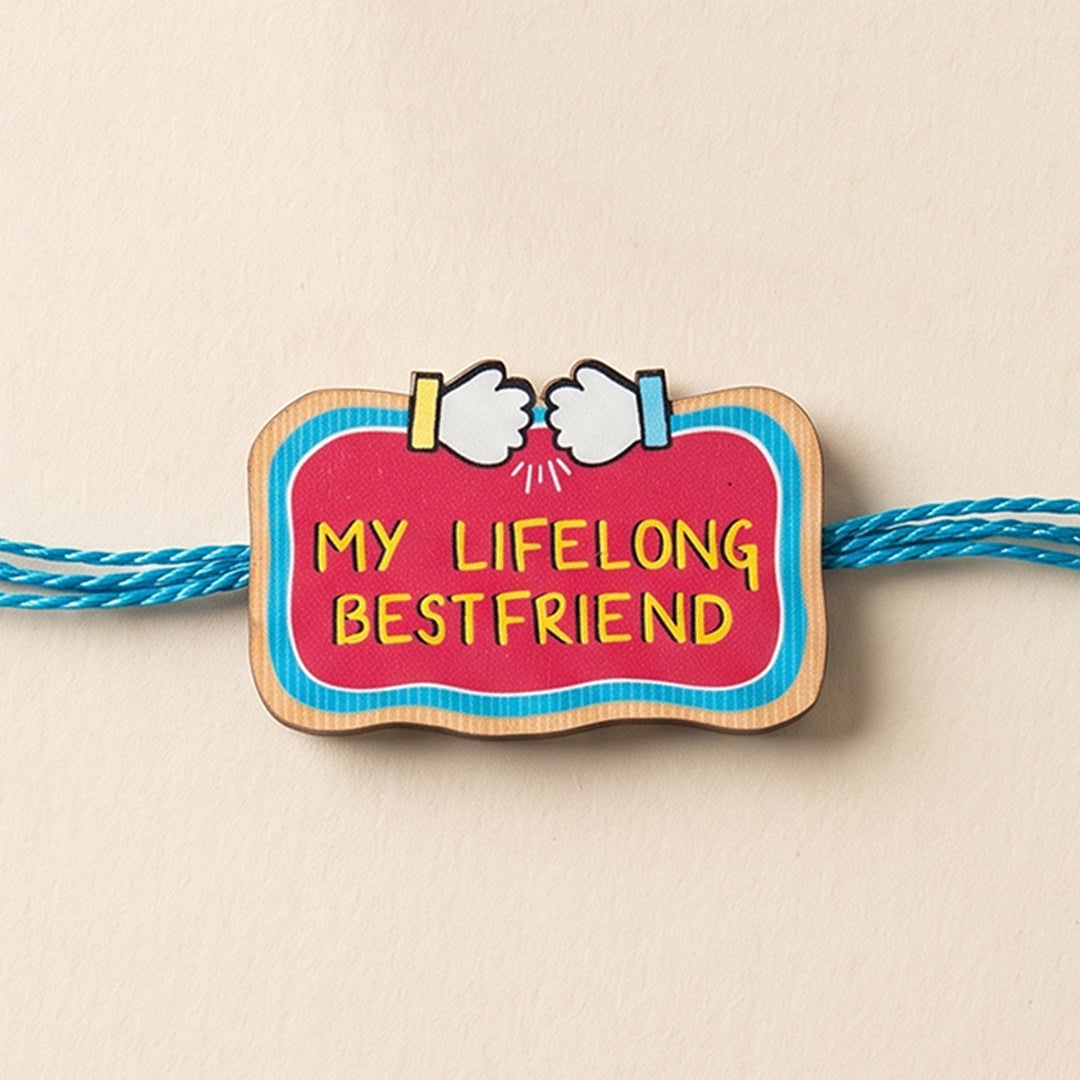 Glossy Printed Wooden 'Lifelong Best Friend' Rakhi With Kumkum Rice For Brother
