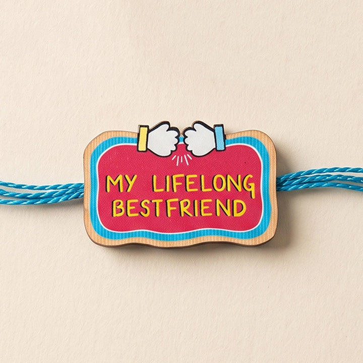 Glossy Printed Wooden 'Lifelong Best Friend' Rakhi With Kumkum Rice For Brother