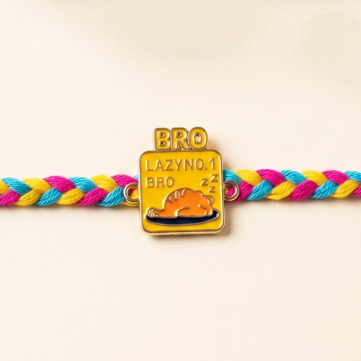 Reusable Handmade Lazy Bro Charm Metal & Thread Rakhi With Roli Chawal For Brother