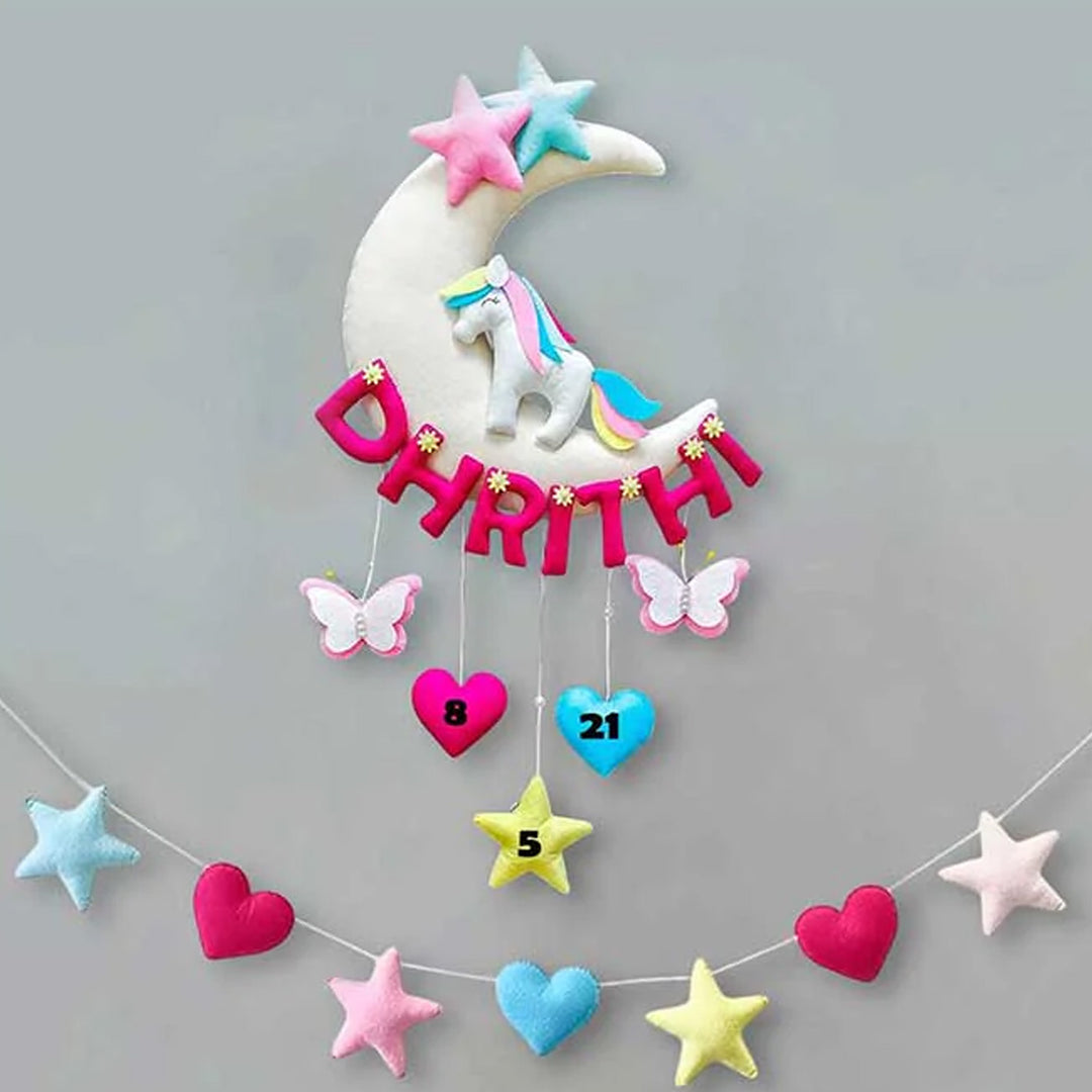 Hand-stitched Unicorn Themed Felt Moon Nameplate with Birthdate
