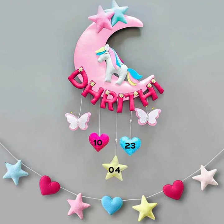 Hand-stitched Unicorn Themed Felt Moon Nameplate with Birthdate