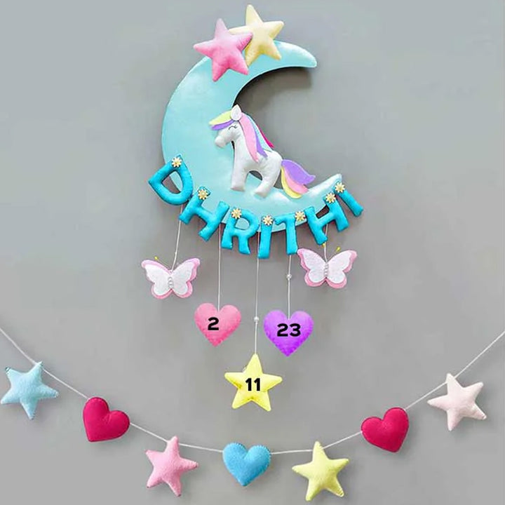 Hand-stitched Unicorn Themed Felt Moon Nameplate with Birthdate