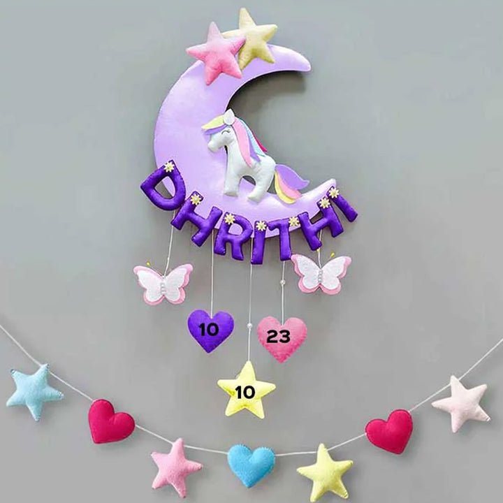 Hand-stitched Unicorn Themed Felt Moon Nameplate with Birthdate