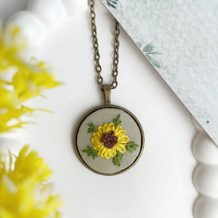 Hand Embroidered Sunflower Vow Antique Finish Necklace