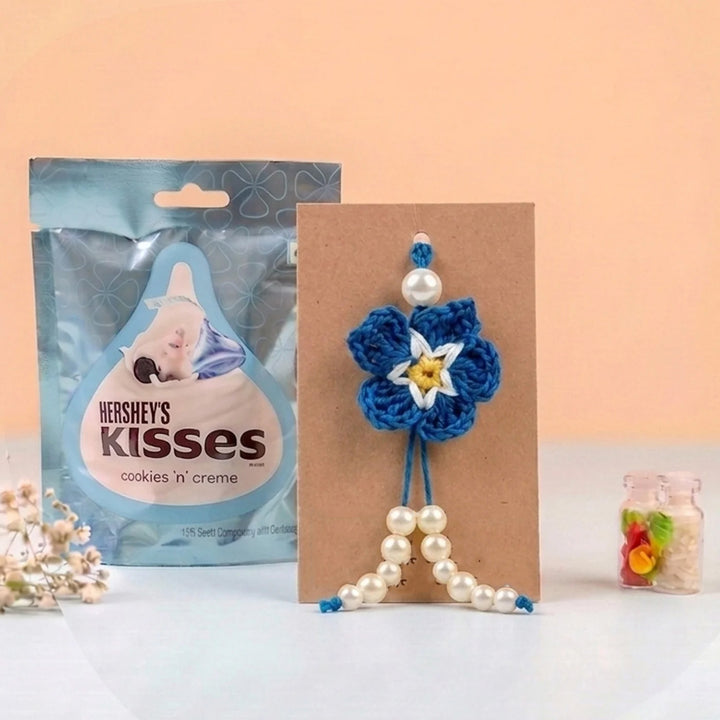 Handmade Crochet Cherry Blossom Lumba Rakhi For Bhabhi With Roli Chawal