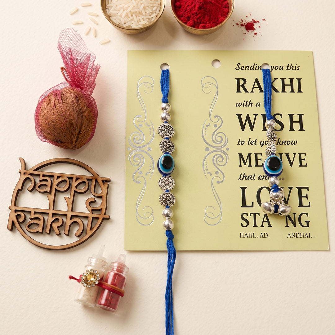 Handmade Evil Eye Blue Premium Agate Bhaiya Bhabhi Couple Rakhi & Lumba Set With Roli Chawal, Nariyal And Gift Box | Set of 2