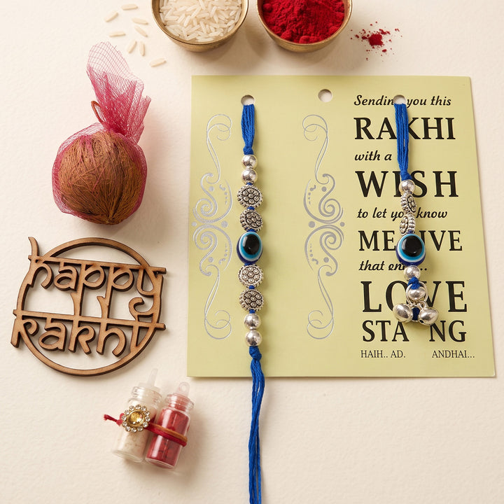 Handmade Evil Eye Blue Premium Agate Bhaiya Bhabhi Couple Rakhi & Lumba Set With Roli Chawal, Nariyal And Gift Box | Set of 2