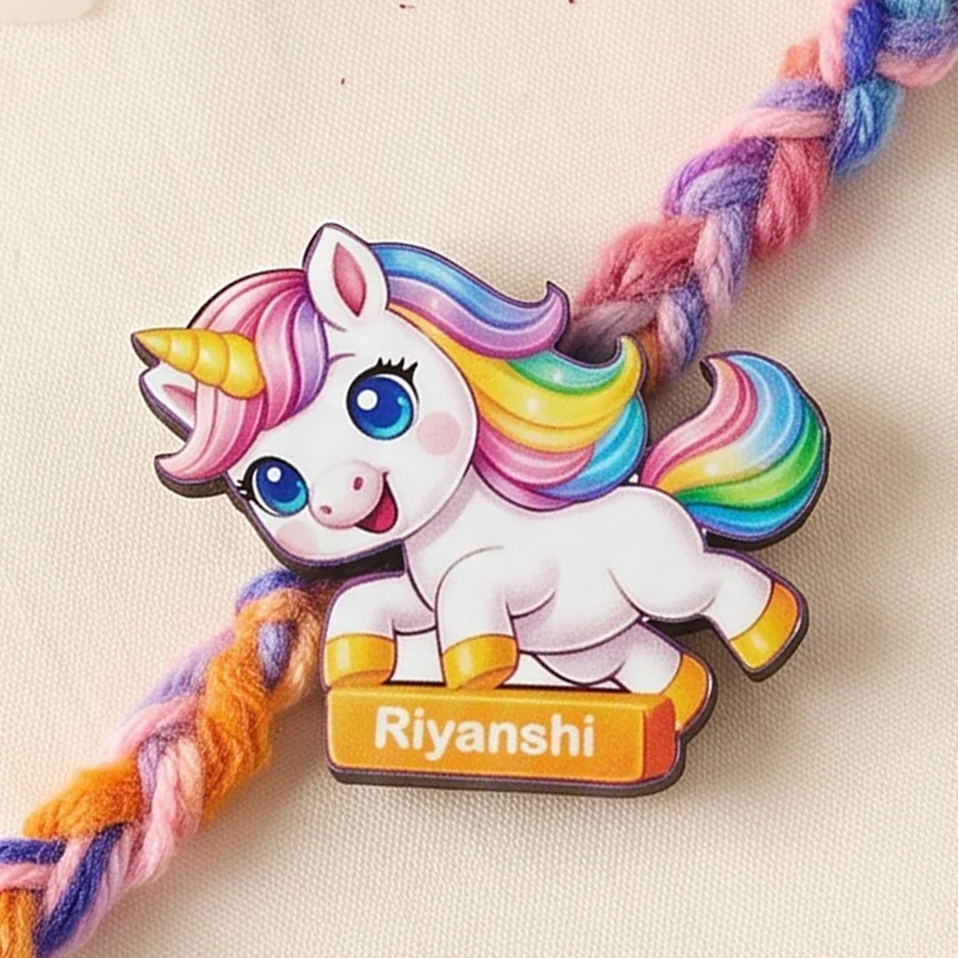 Personalized Reusable Unicorn MDF Wood Rakhi With Roli Chawal