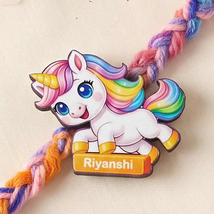 Personalized Reusable Unicorn MDF Wood Rakhi With Roli Chawal