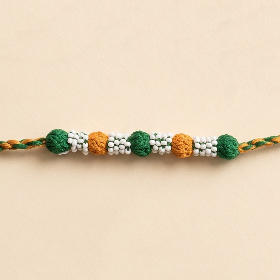 Handmade Reusable Green And Yellow Beaded Patwa Rakhi For Brother