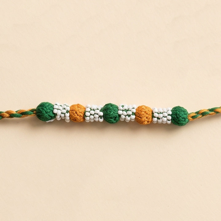 Handmade Reusable Green And Yellow Beaded Patwa Rakhi For Brother