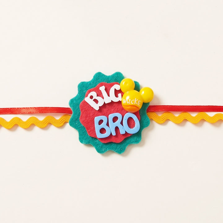 Handmade "Big Bro" Mickey Yellow Theme Felt Kids Rakhi With Roli Chawal For Brother