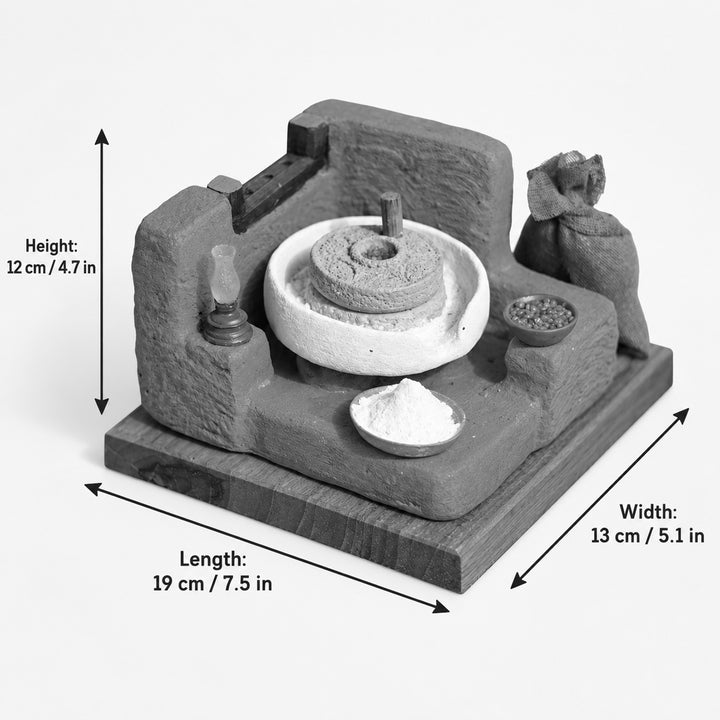 "Aate Ki Chakki" Handcrafted Polymer Clay Miniature Artwork With Wooden Base For Golu & Table Decor