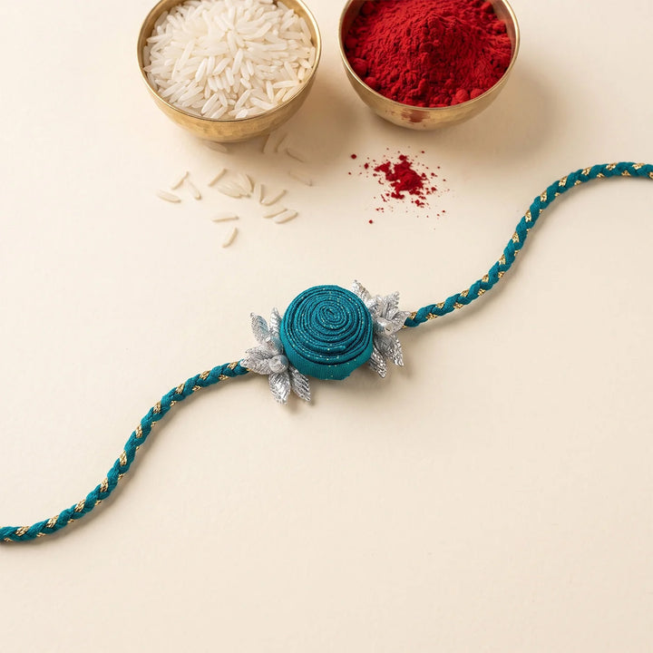 Handmade Rose Bloom Silk Fabric Rakhi For Brother With Roli Chawal