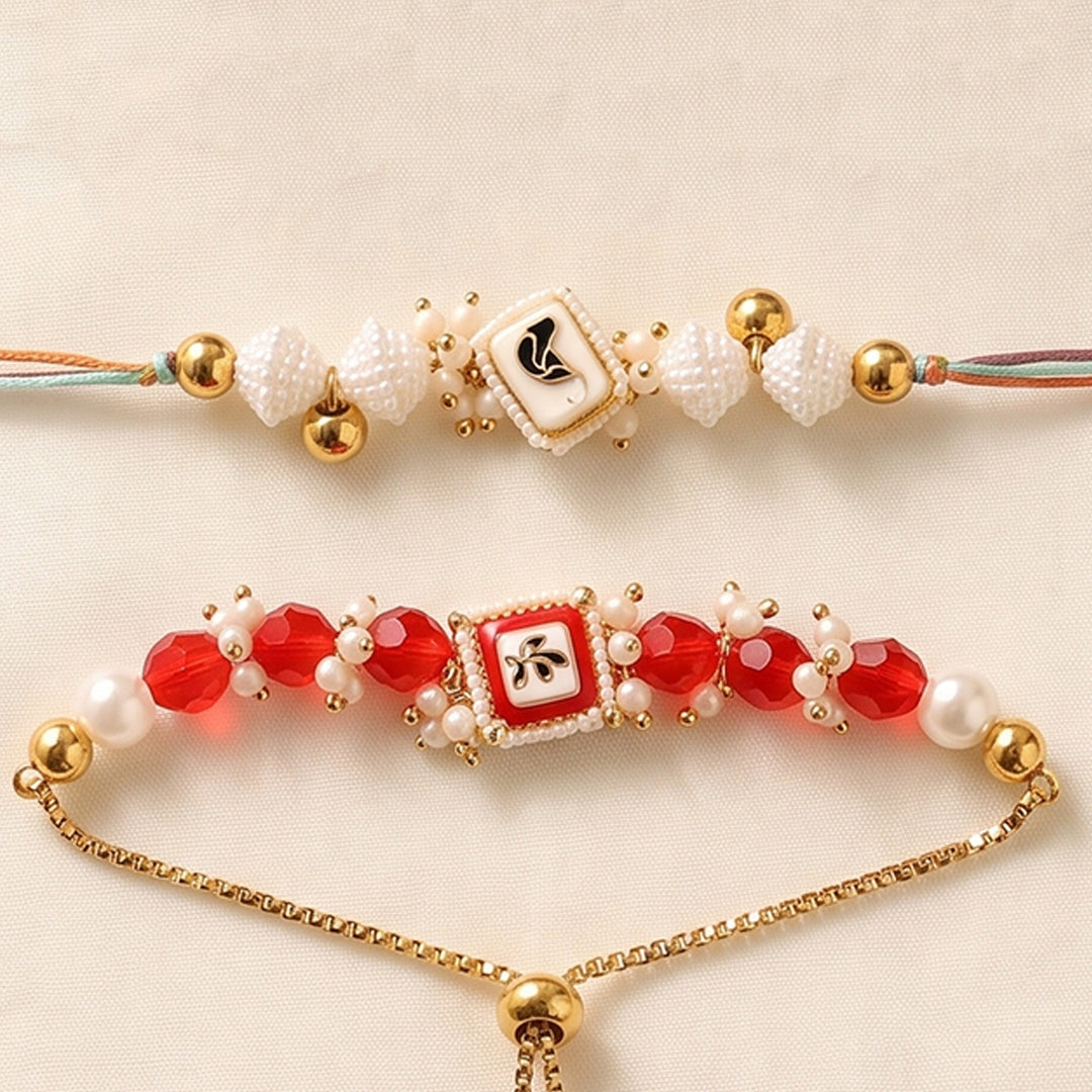 Hand-Knotted Red & White Beaded Rakhi & Lumba Set For Bhaiya Bhabhi | Set of 2