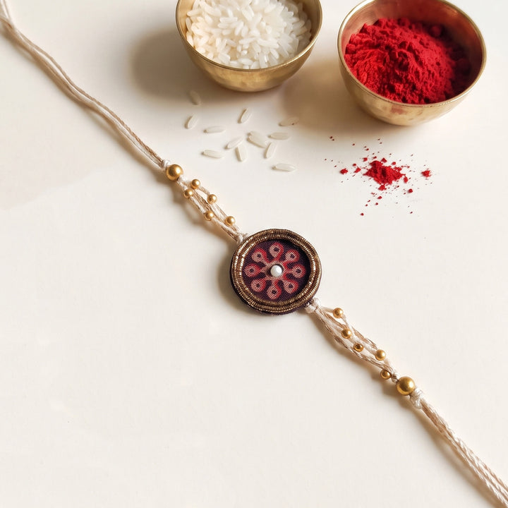 Phool Ajrakh Block Print Rakhi & Lumba Set With Roli Chawal For Bhaiya Bhabhi | Set of 2