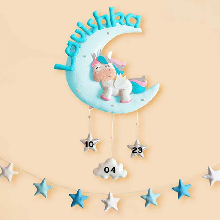 Hand-stitched Cute Unicorn Themed Moon Felt Nameplate