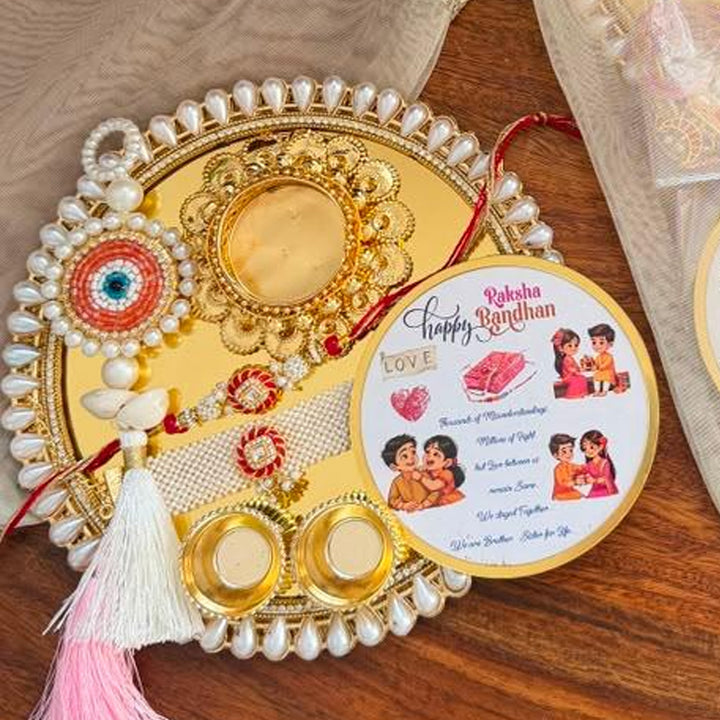 Lotus Bag & Puja Thali Rakhi Hamper With Evil Eye Hanging For Bhaiya Bhabhi