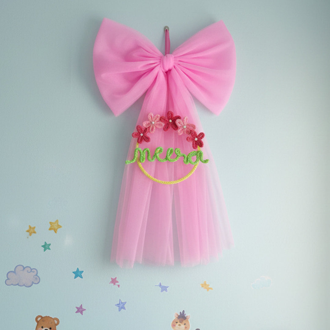 Personalized Knitted Wire Pink Bow Theme Kids Name Plate