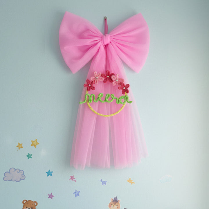 Personalized Knitted Wire Pink Bow Theme Kids Name Plate