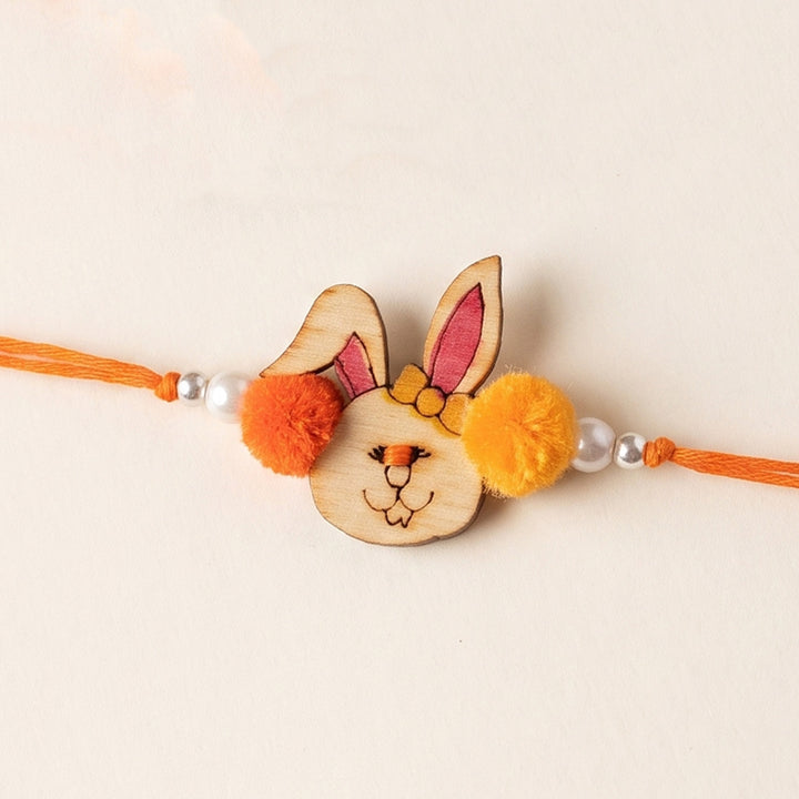 Fluffy Bunny Handcrafted Wooden Kids Rakhi With Roli Chawal For Brother