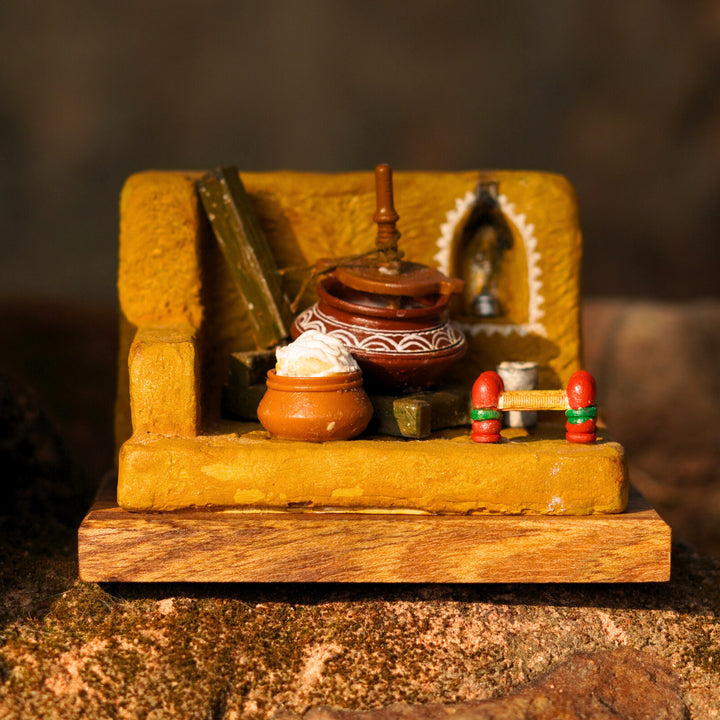 "Bilone Ka Makkhan" Handcrafted Polymer Clay Miniature Artwork With Wooden Base For Golu & Table Decor