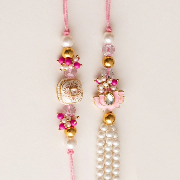 Hand-Knotted Pink Lotus Beaded Rakhi & Lumba Set For Bhaiya Bhabhi | Set of 2