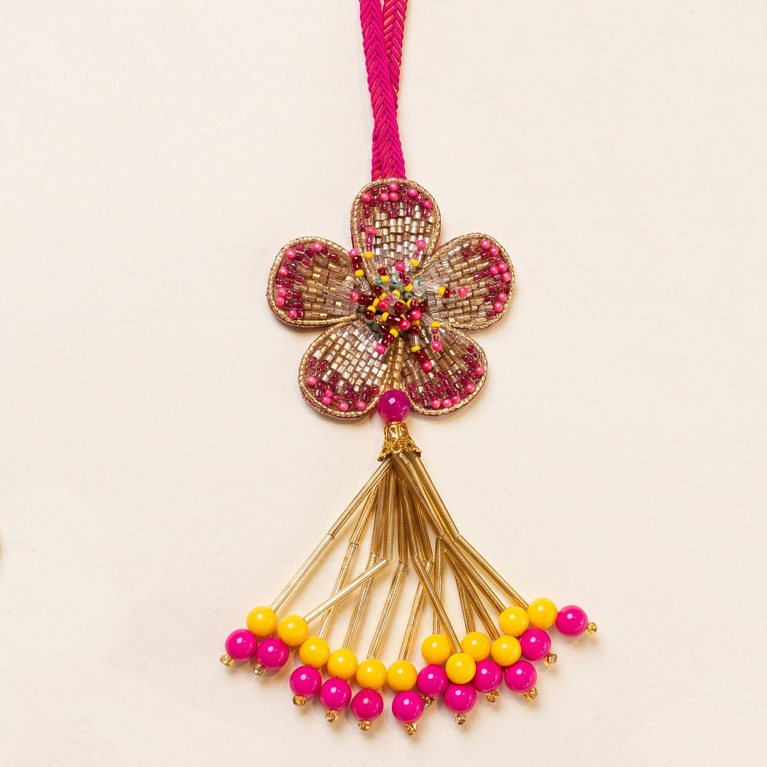 Intricate Beadwork Flower Motif Lumba Rakhi With Roli Chawal For Sister/Bhabhi